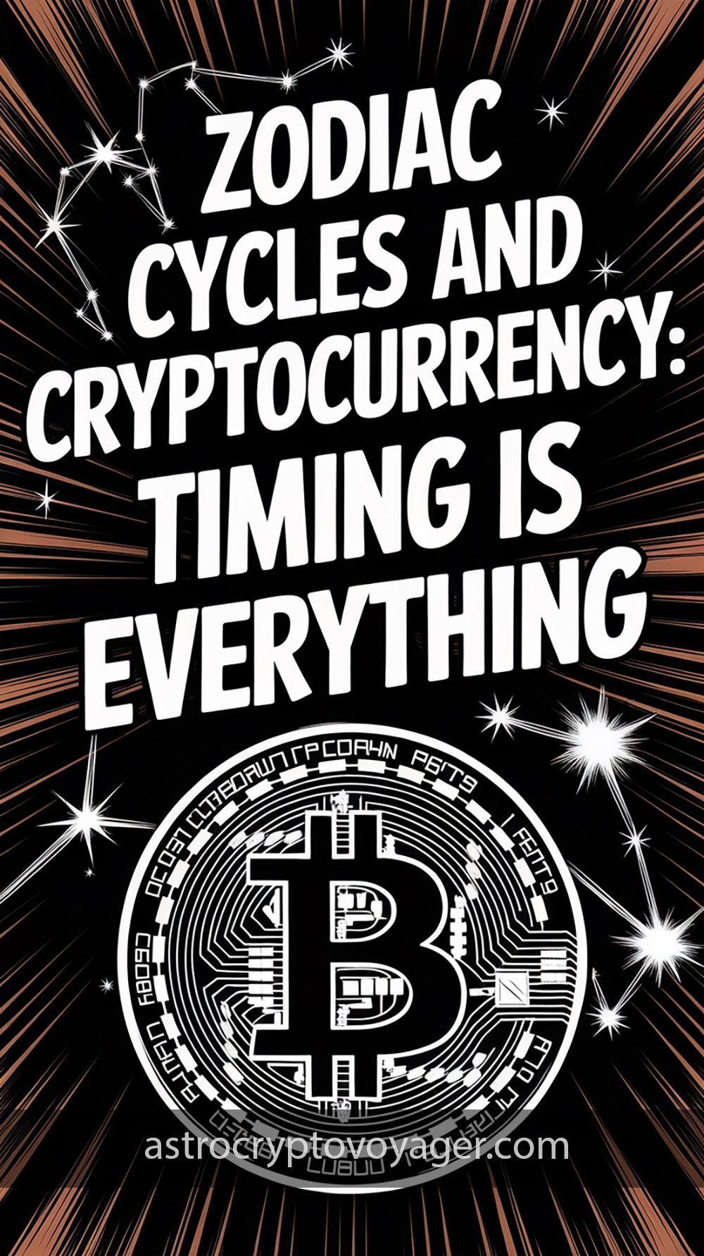 Comic book style, black and white with orange accents: Text on the image: "Zodiac Cycles and Cryptocurrency Timing Is Everything"